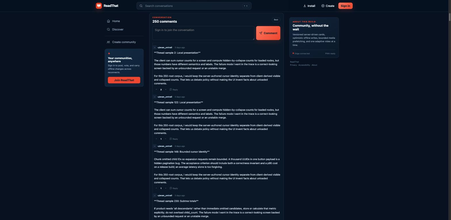 A 250-comment thread rendered from the typed comment model