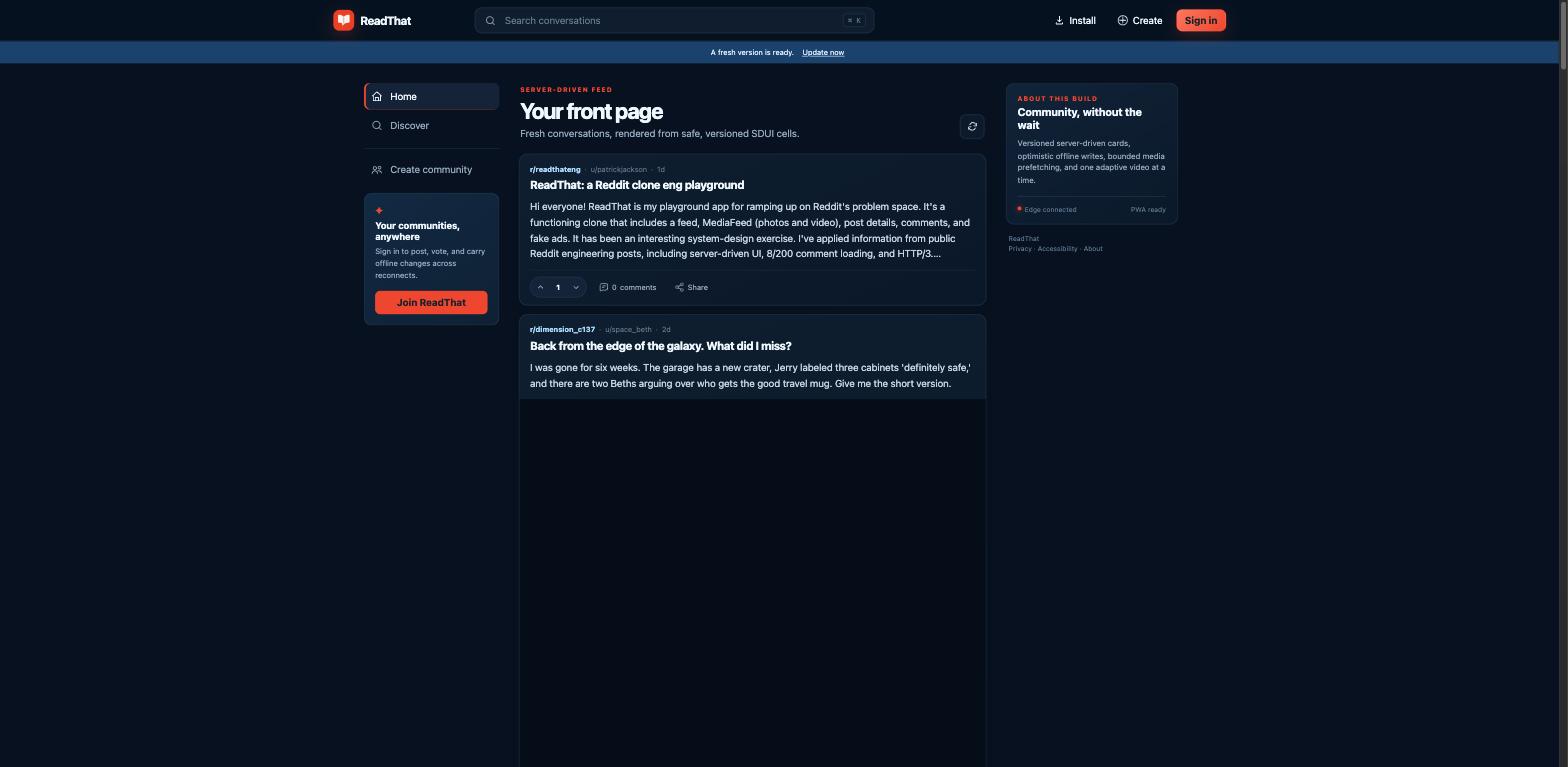 The web front page: server-driven feed rendered from versioned SDUI cells, PWA install prompt, communities rail