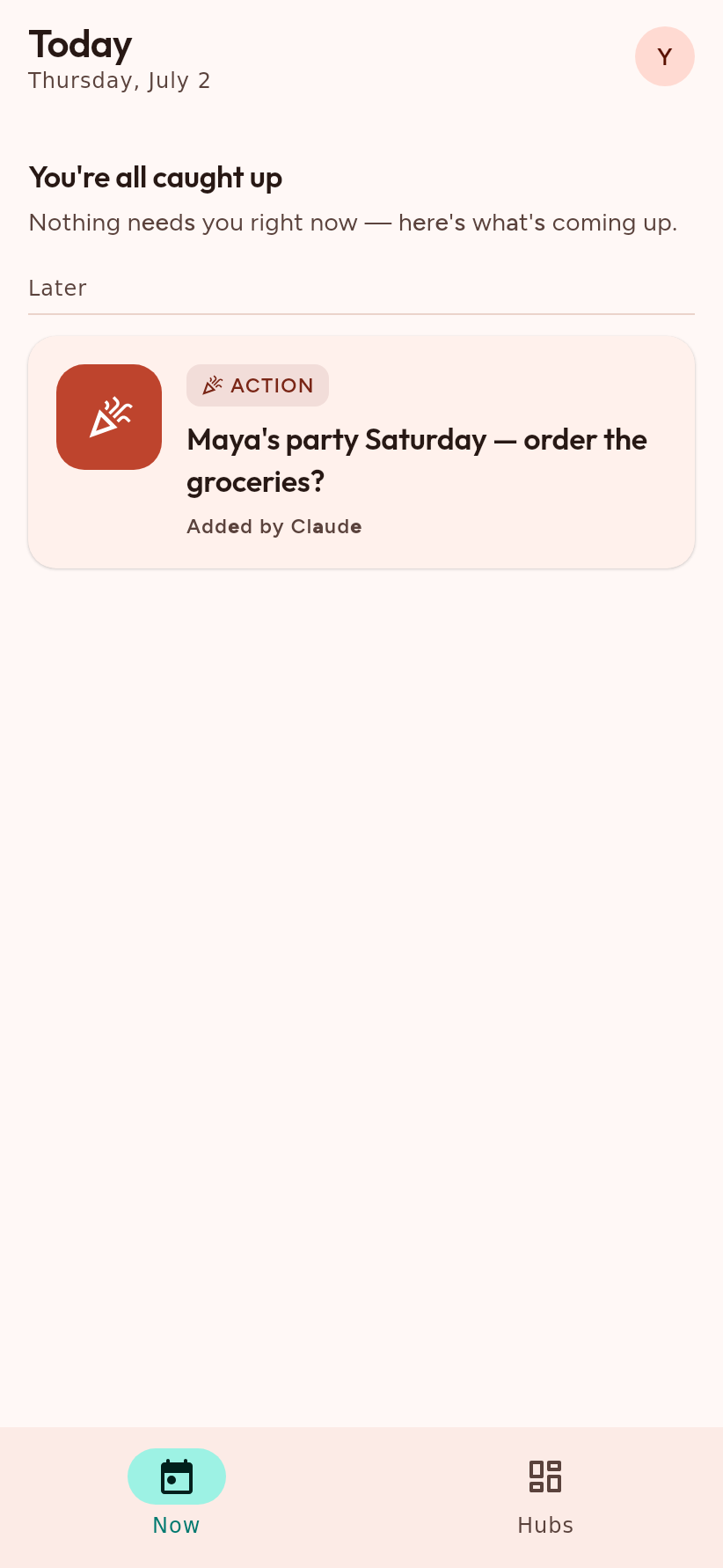 Now feed: today's action card with a deep link