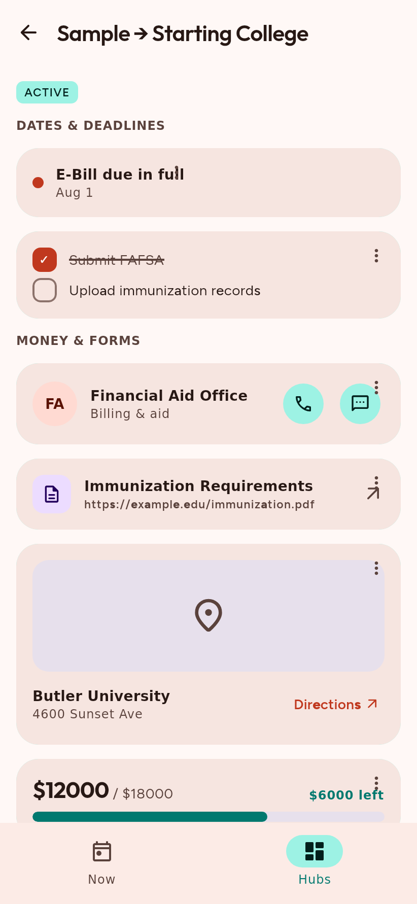 Hub detail: dates, contacts, links, map, budget in one place