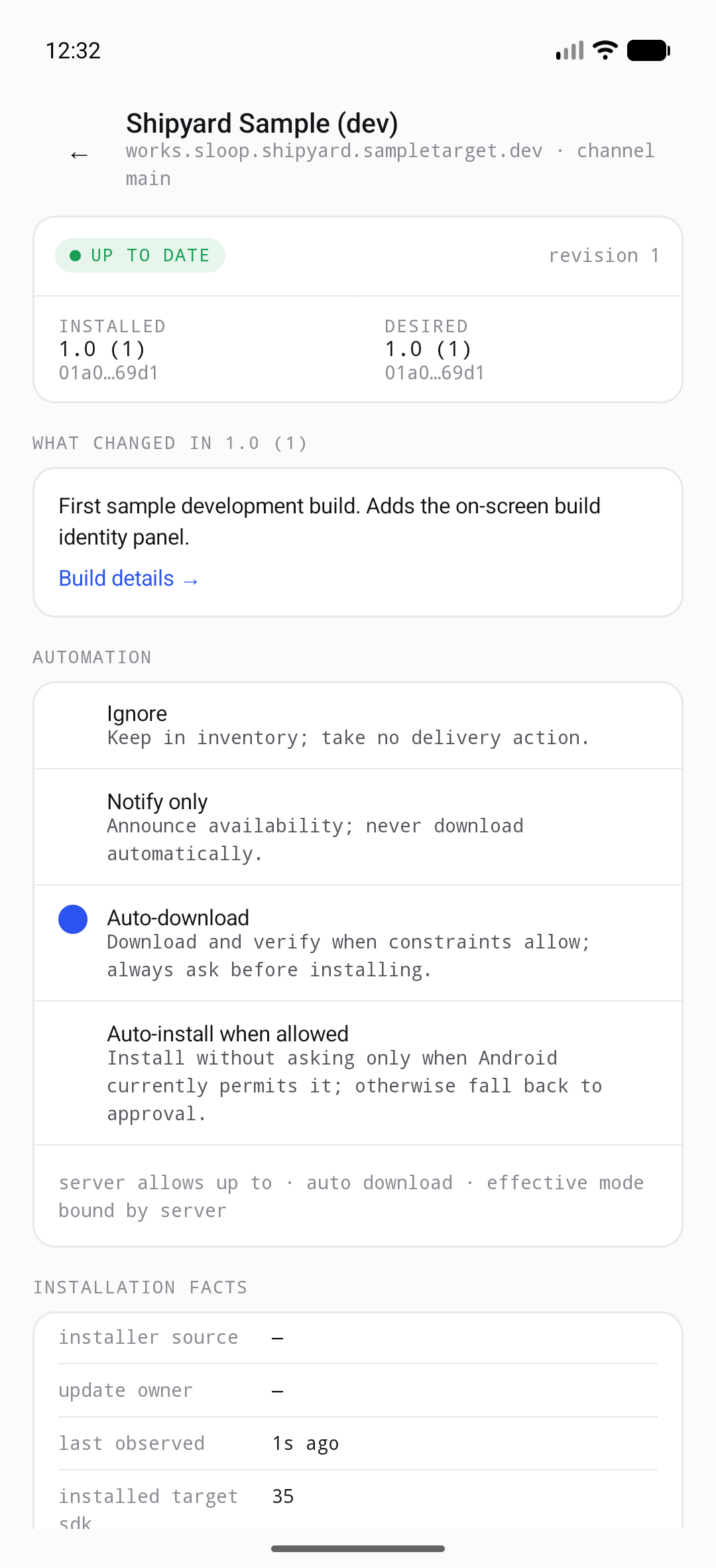 App detail: installed build, channel, and history