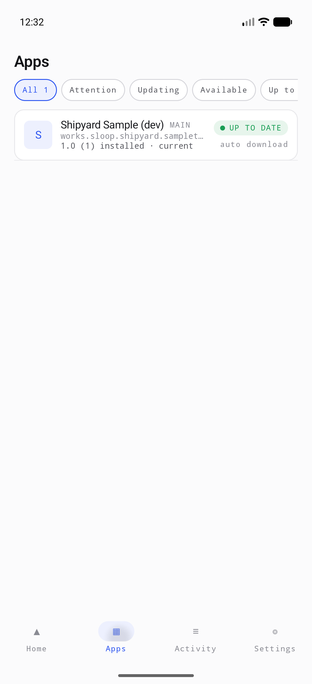 Apps list with per-app build status