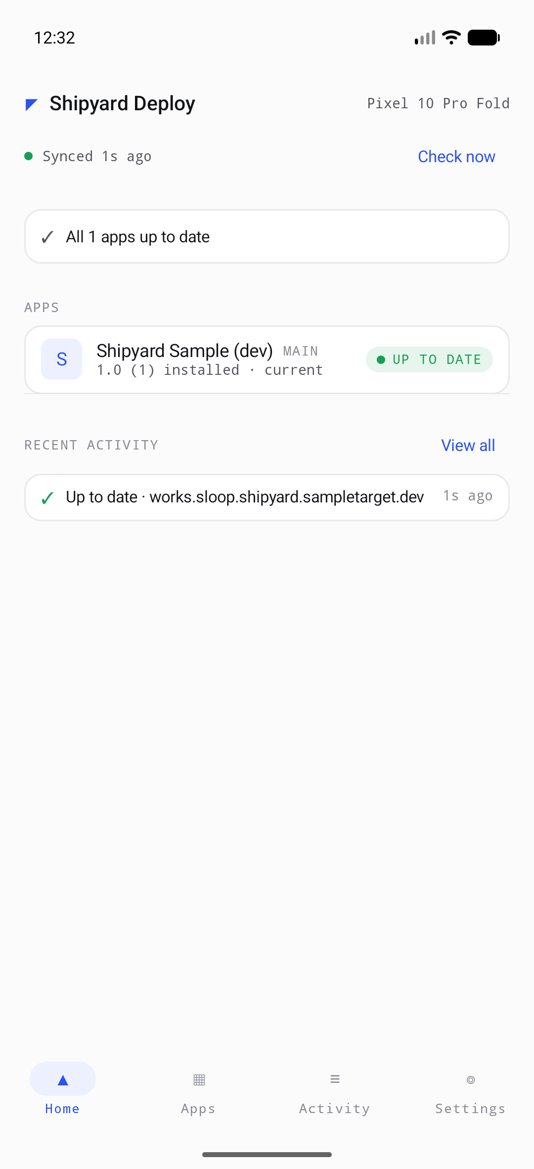 Device client home: all apps up to date, synced seconds ago