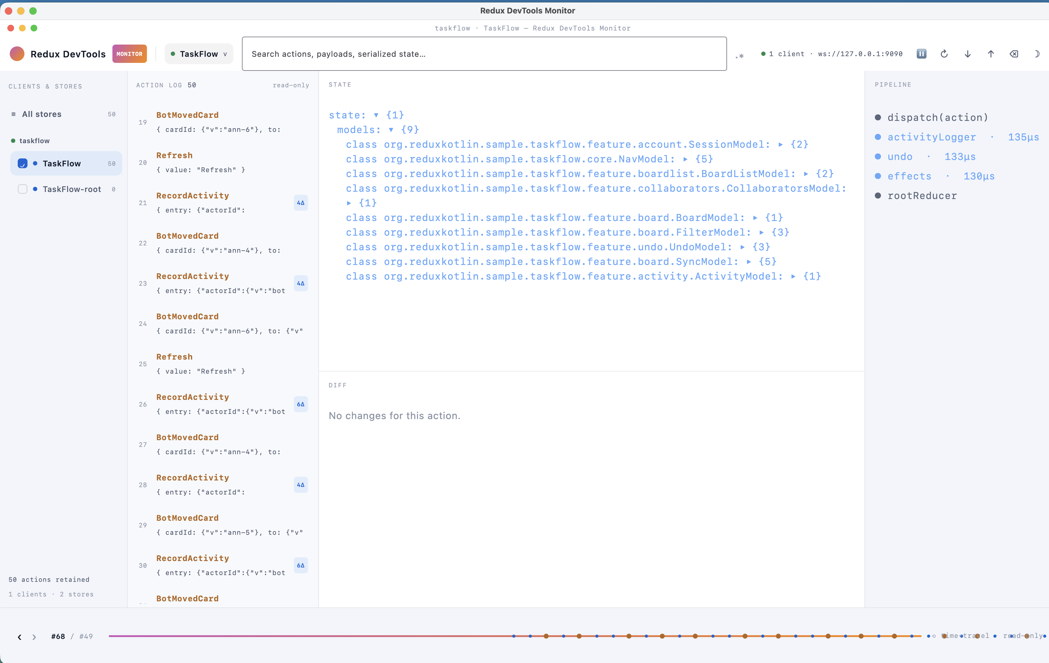 The Redux DevTools Monitor with TaskFlow connected: a store rail listing both TaskFlow stores, an action log of BotMovedCard and RecordActivity actions with change counts, the multi-model state tree, and a pipeline panel timing each middleware.