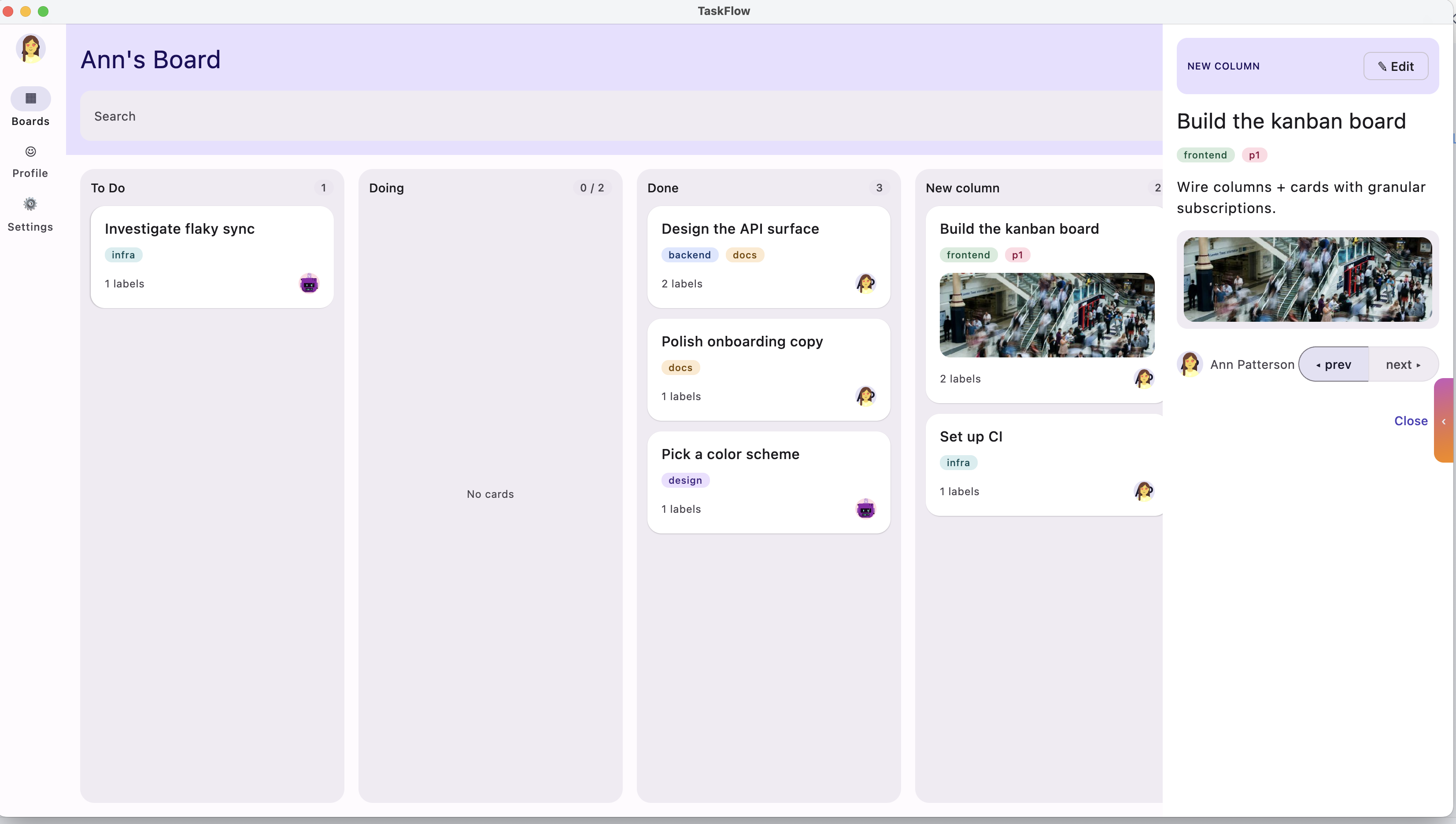 TaskFlow running as a macOS desktop app: a four-column Kanban board with a card detail panel open on the right.