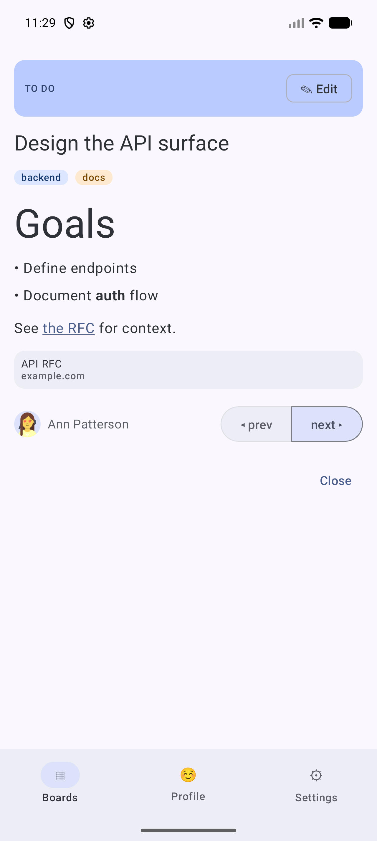 TaskFlow's card detail screen in View mode, which is the state an interrupted edit always restores into.